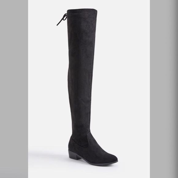 Black Faux Suede Over-the-knee Boot Lace-up Top 10 - Picture 2 of 4